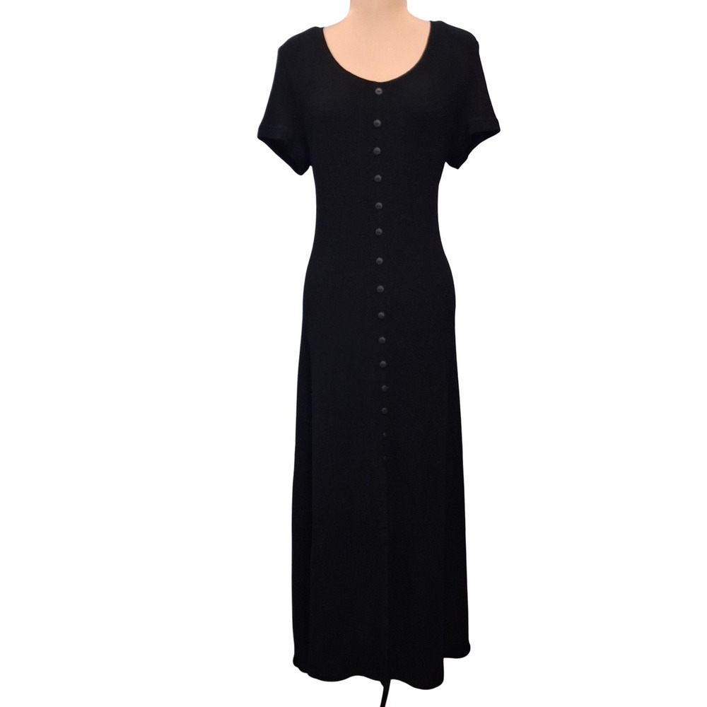 Molly Malloy Black Button Front 90s Grunge Maxi Dress Crepe Textured SZ 14 VTG